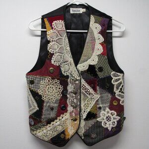 Patricia Anne Art To Wear Patchwork Buttons Doily Artsy Vest sz XS Cottagecore
